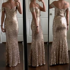 Gold sequin off shoulder formal prom dress gown